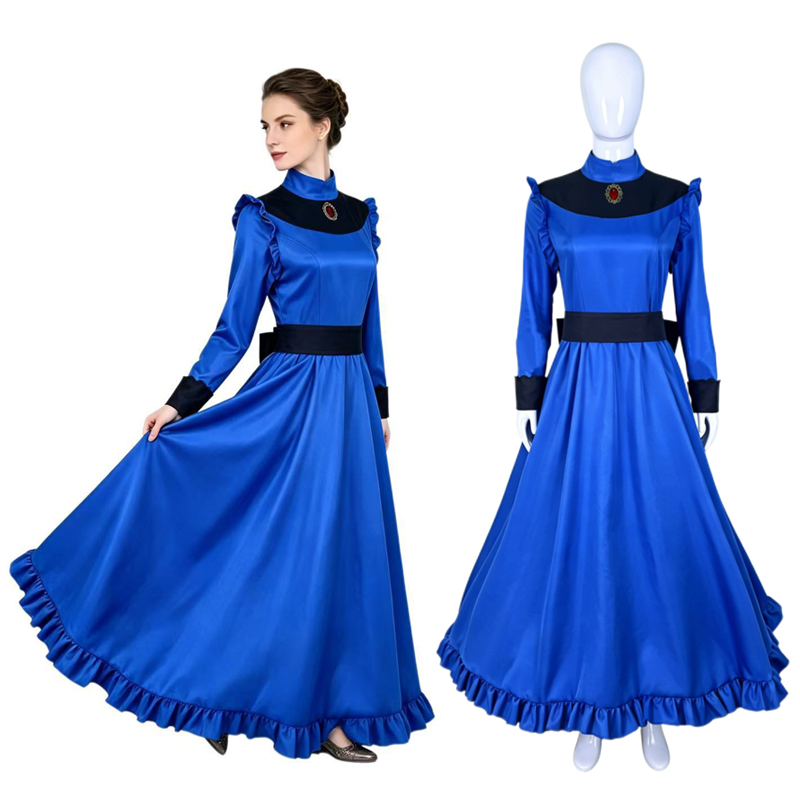Vintage Fashion Dresses - アニメゆばばコスプレ衣装ハロウィンパーティーヴィンテージビクトリア朝スタイルレディースイブニングドレスロイヤルブルーボールガウンハイネック