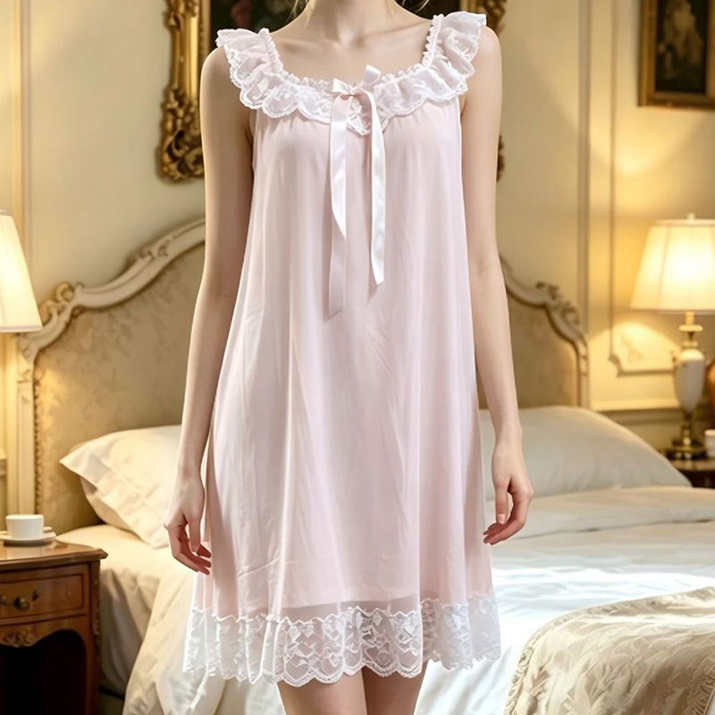 Vintage Fashion Dresses - 女性スリーピングガウンノースリーブフリルメッシュモーダル V ネックドレス夏のレースフレンチヴィンテージプリンセスパジャマホームウェア