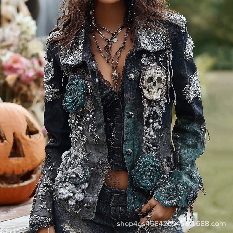 ゴシックパンクスカルローズ刺繍ジャケット女性ハロウィンヴィン - Vintage Fashion Stores のレビューと価格