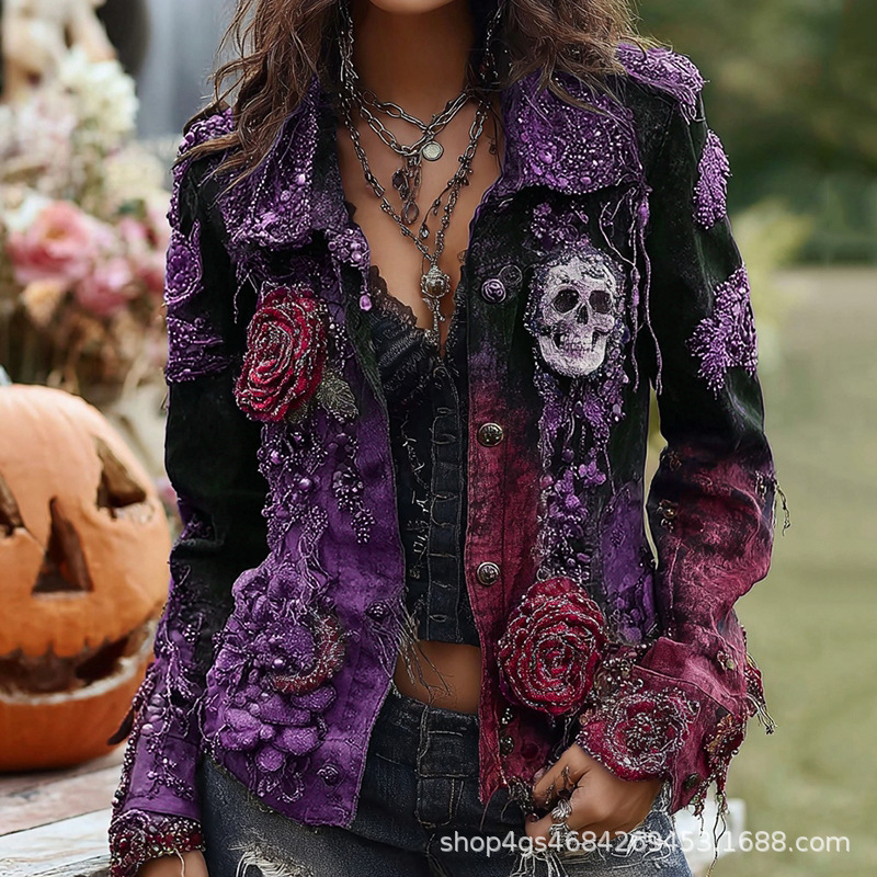 ゴシックパンクスカルローズ刺繍ジャケット女性ハロウィンヴィン - Vintage Fashion Stores のレビューと価格