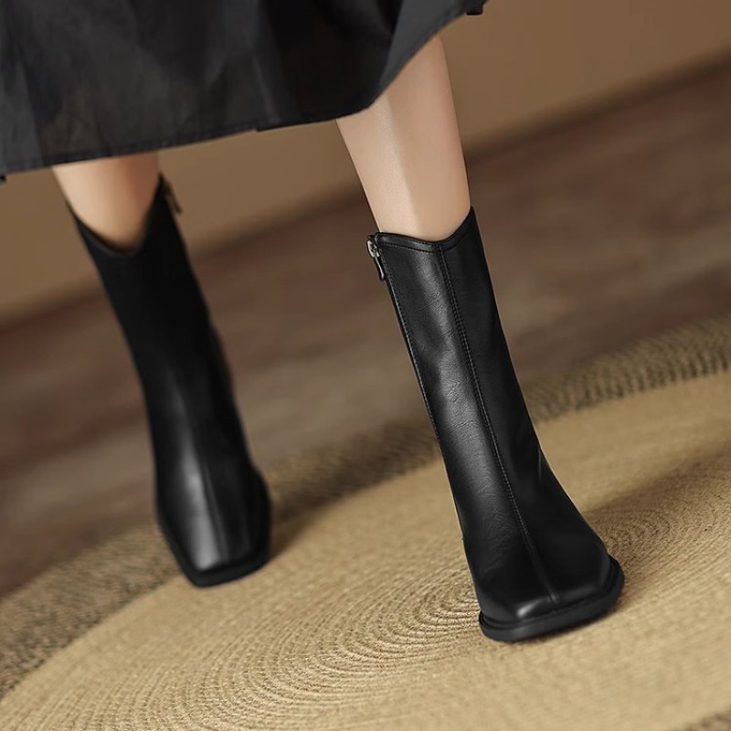 レディース スクエアトゥ レザー アンクルブーツ ブロックヒ - Vintage Fashion Dresses のレビューと価格